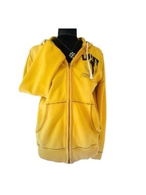 #36 LUCKY BRAND ~ Unisex Mustard Yellow Distressed Zip Hoodie w/LB Logo Pockets
